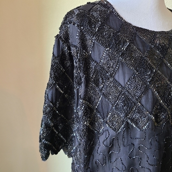 Laurence Kazar Silk Blouse Large Black‎ Lined Embellished Beaded Short Sleeve - Picture 3 of 12